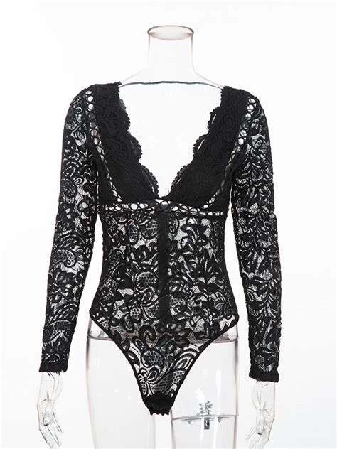sexy cutout lace flower embroidery bodysuit