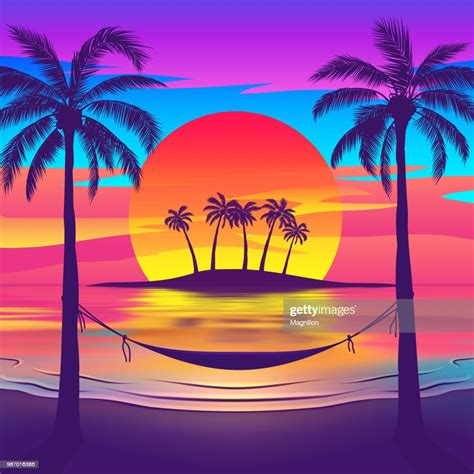 Tropical Beach At Sunset With Island High Res Vector Graphic Getty Images