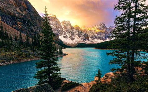 Download Wallpapers Moraine Lake 4k Banff Sunset North America