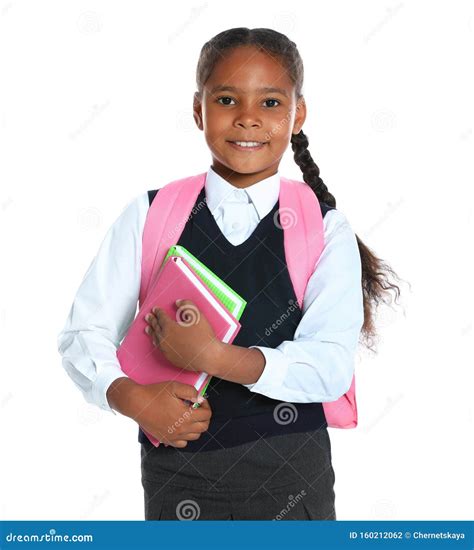 Happy African American Girl In School Uniform On Background Stock Photo