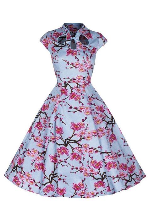 Sky Blue And Pink Floral Print 50s Swing Dress Vintage Inspired Dresses
