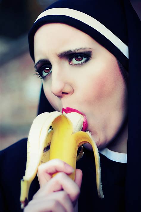 Nuns Model Women Lipstick Suggestive Face Bananas Eating Depth Of Field Makeup Phallic