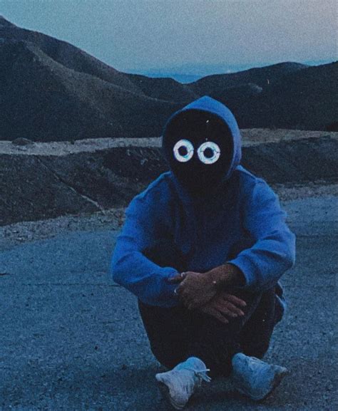 A Man In A Blue Hoodie With Googly Eyes Sitting On Top Of A Mountain