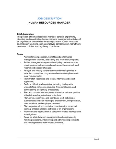 Free Human Resources Manager Job Description Template By