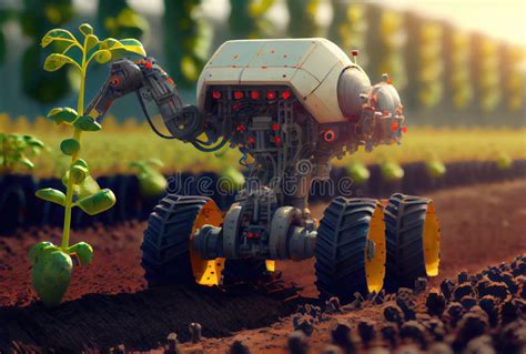 Robot Farming Harvesting Agricultural Products In Crop Field