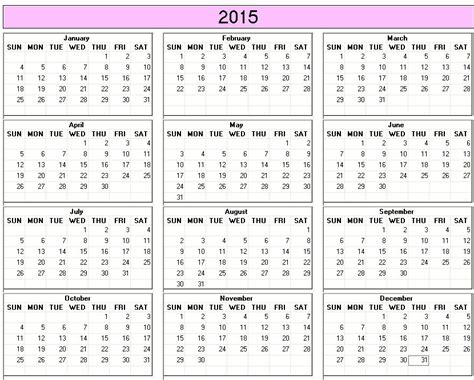 Yearly 2015 Printable Calendar Color Week Starts On Sunday