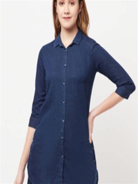 Buy Crimsoune Club Women Navy Blue Solid Denim Shirt Shirts For Women