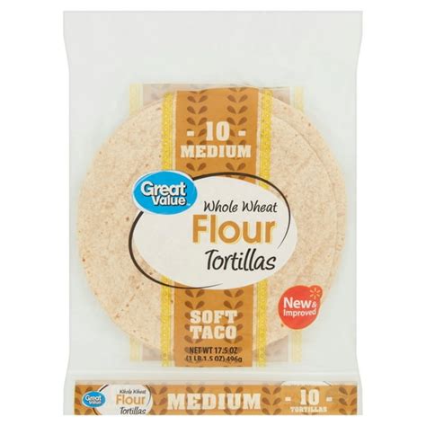 Great Value Medium Soft Taco Whole Wheat Flour Tortillas 10 Count 16
