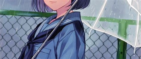 Wallpaper Raining Short Hair Anime School Girl Transparent Umbrella