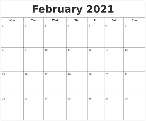 This printable february 2021 calendar features holidays in blue and large, bold font. February 2021 Printable Calendar