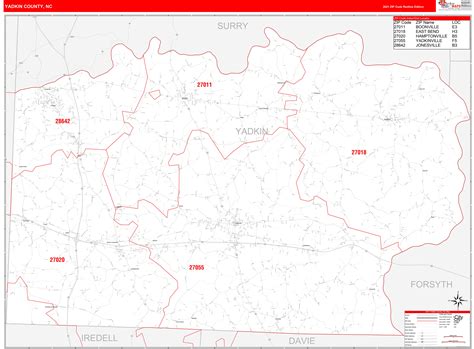 Yadkin County, NC Zip Code Wall Map Red Line Style by MarketMAPS