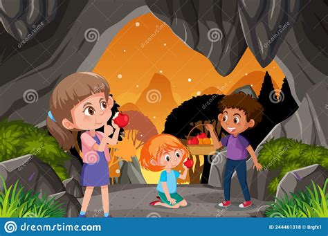 In Cave Scene With Children Exploring Cartoon Character Stock Vector