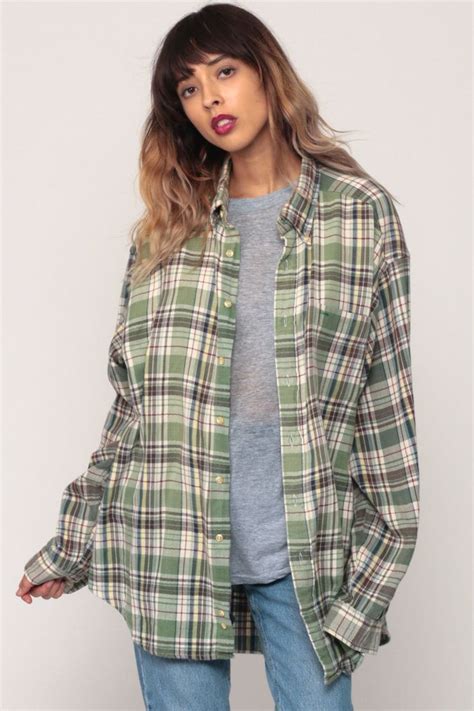 Green Flannel Shirt 90s Plaid Shirt Oversized Grunge Button Up Etsy