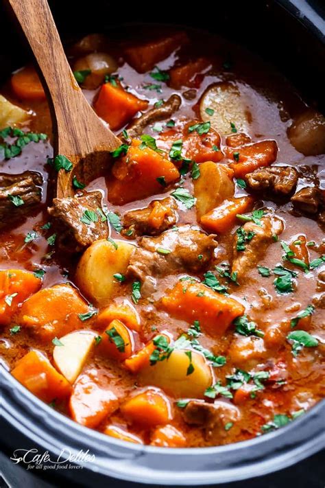 A great slow cooked beef stew recipe for the whole family. Slow Cooker Beef & Sweet Potato Stew - Cafe Delites