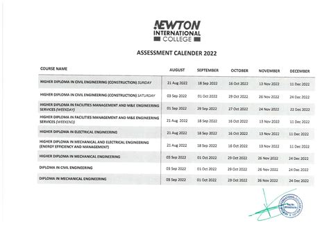 Academic Calendar - Newton International College