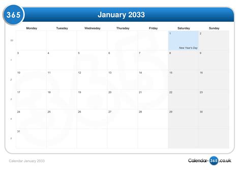 Calendar January 2033