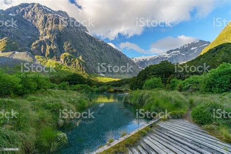 Wooden Bridge Over River In The Mountains Fiordland New Zealand 4 Stock