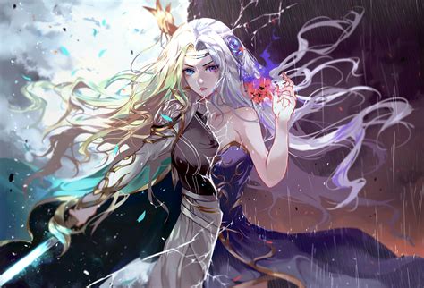 Wallpaper Magic White Hair Sword Blue Eyes Red Eyes Anime Girls