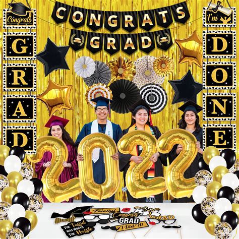 Huge Black And Gold Graduation Decorations 2022 Set Big Pack Of 75