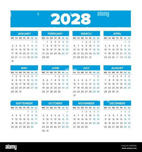 Simple Vector Calendar 2028 Weeks Start On Monday Stock Vector Image