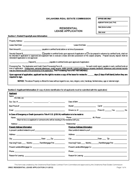 This car lease agreement template is to be used when leasing (hiring) a car or other vehicle. Residential Lease Application - Oklahoma Free Download