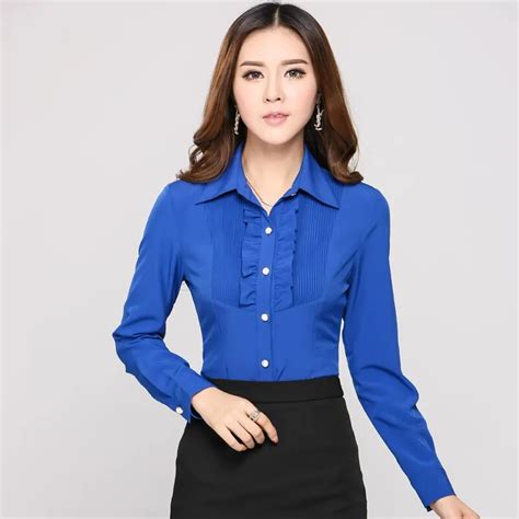 new autumn women`s blouse solid long sleeve ol elegant office uniform ruffle blouses turn down