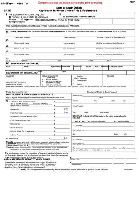 Fillable Sd Eform 0864 V5 Application For Motor Vehicle Title