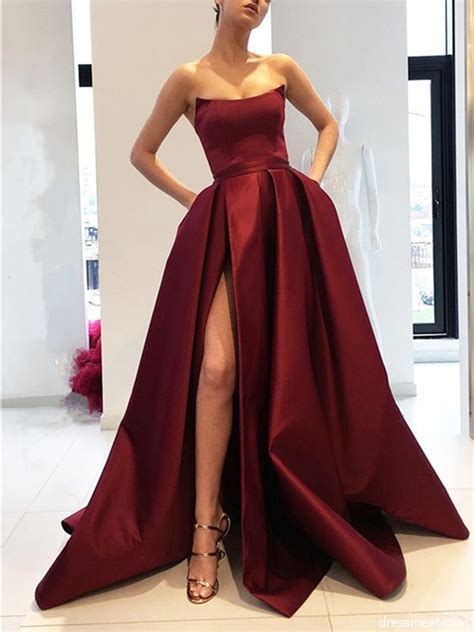 Sexy A Line Strapless Burgundy Satin Side Slit Long Prom Dresses With