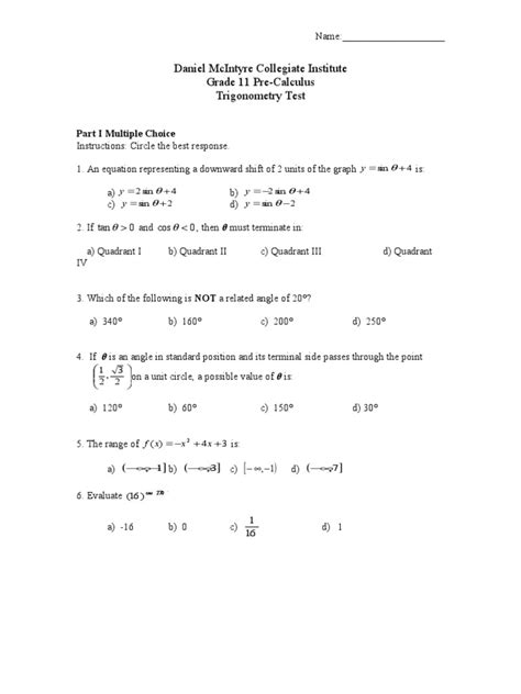Grade 11 Trigonometry Test Pdf Trigonometric Functions Sine