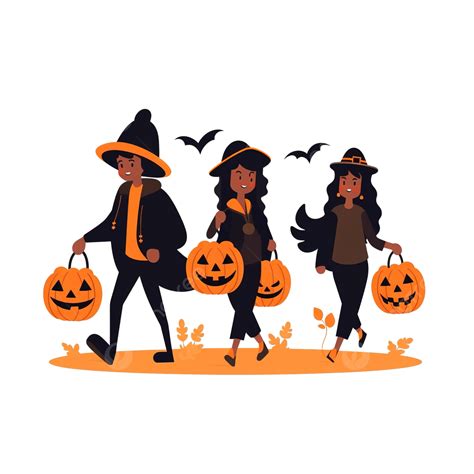 people in halloween costumes carrying pumpkins celebrate halloween night event vector