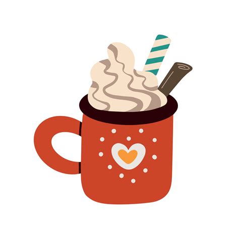 Vector Illustration Of Red Mug With Delicious Hot Cocoa With Whipped Cream Served With Cinnamon