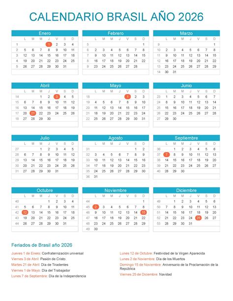 Calendario Brasil Año 2026 Feriados