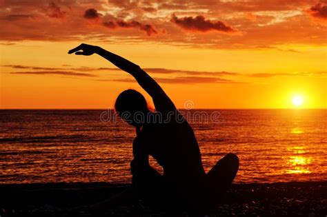 Girl Practicing Yoga Beach View Back Sunset Silhouettes Photos Free