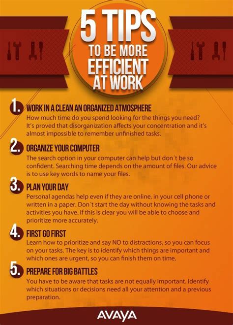 The Five Tips To Be More Efficient At Work Info Sheet With Text