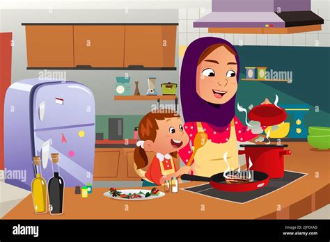 a vector illustration of muslim mother and daughter cooking in the kitchen stock vector image