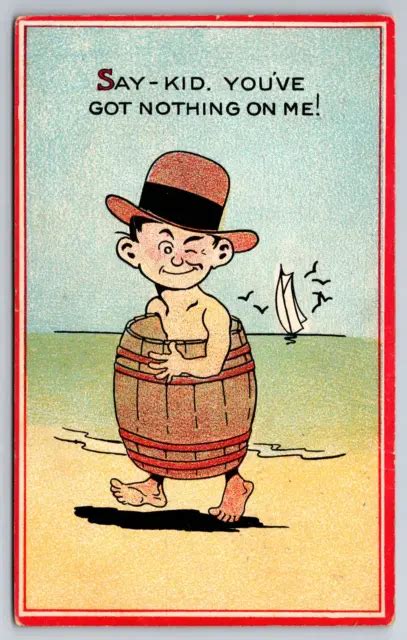 Vintage Postcard Humor Funny Cartoon Naked Man In Barrel On Beach C Picclick