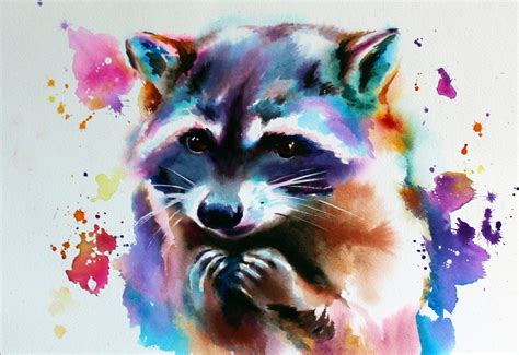 Raccoon Watercolor Painting Colorful Animal Art Illustration Etsy
