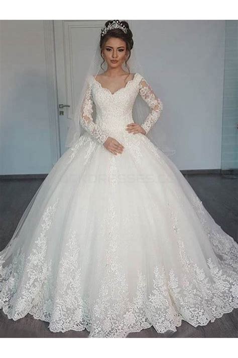 Lace Long Long Sleeve Wedding Dress Bridal Ball Gown V Neck Lace Long