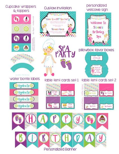 Spa Party Printables Package Spa Birthday Personalized Printable