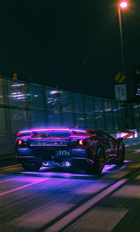 1280x2120 Lamborghini Neon Lights On Road 4k Iphone 6 Hd