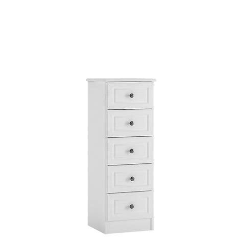 Opt for narrow and tall chest of drawers where you're limited on floor space, and wide chest of drawers for when you have a large bedroom whether you're looking for a large chest or drawers or you'd be happier with a small chest of drawers, we've got a whole host of options for you to choose. Hampshire 5 Drawer Narrow Chest Of Drawers In White Textured MDF & Melamine | Narrow chest of ...