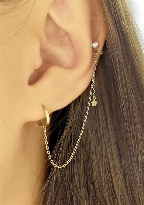 K Soild Gold Earrings Double Piercing Earring Gold Chain Etsy