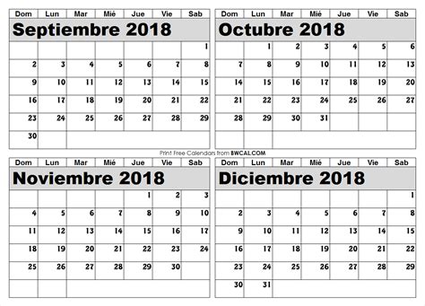 Calendario Septiembre Octubre Noviembre Diciembre 2018 Imprimir En 2020