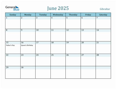 June 2025 Calendar With Gibraltar Holidays