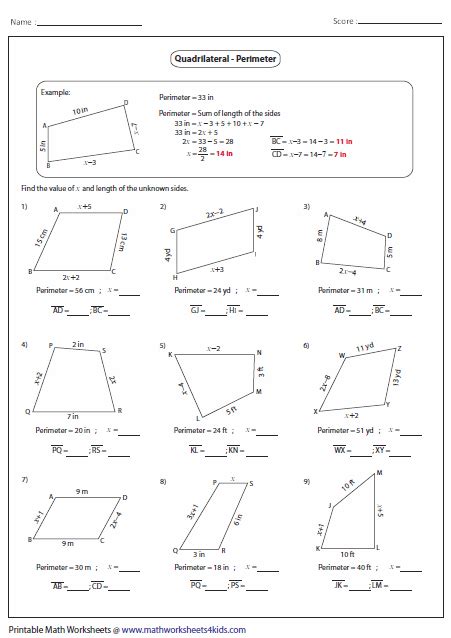 Algebra Unknown Sides Australia Math Quadrilaterals Worksheet Grade