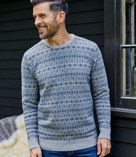 Greyblue Mens Lambswool All Over Fairisle Jumper Woolovers Uk