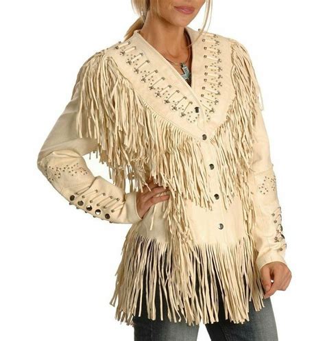 New Womens Native American Western Cow Leather Jacket With Fringe And Bone Aleeza