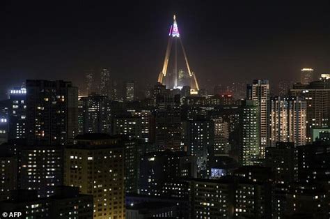 The greenest country in the world. North Korean flag lights up Pyongyang's 'Hotel of Doom ...