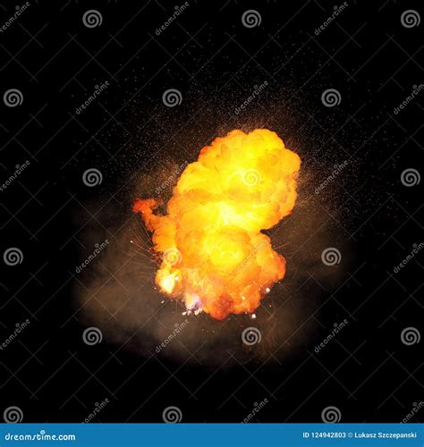 Realistic Fiery Explosion Orange Color With Sparks And Smoke Stock