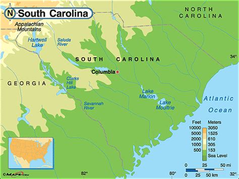 South Carolina Physical Map By From Worlds